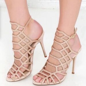Steve Madden Slithr-R Blush Rhinestone Peep-Toe Sandals, Buckle Ankle Strap, 7M
